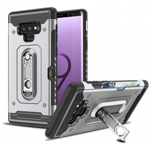 Wallet Card Holder Kickstand Hard Armor Cover Case for Samsung Galaxy Note 9 - SILVER - Click Image to Close