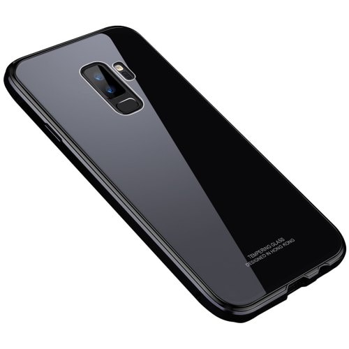 For Samsung Galaxy S9 Plus Bumper Case Metal Frame Tempered Glass Back Cover - BLACK - Click Image to Close