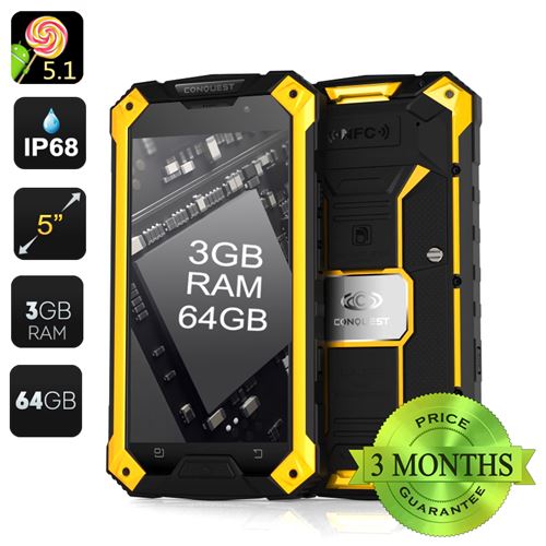 Conquest S6 Pro Rugged Smartphone – 3GB RAM, 64GB Memory, 5 Inch Screen, Gorilla Glass, Android 11.0, IP68 (Yellow) - Click Image to Close