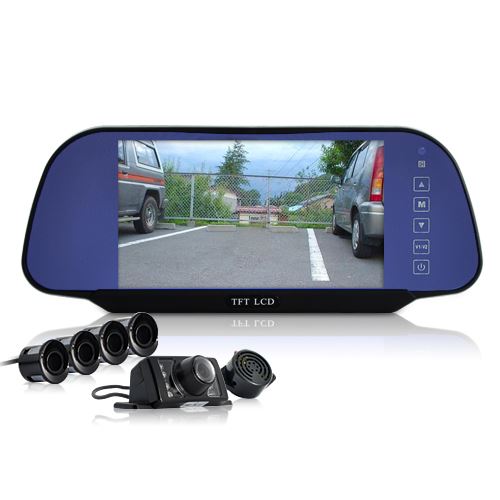 Complete Car Reversing Set - Rearview Camera, 4 Parking Sensors, Rearview Mirror - Click Image to Close