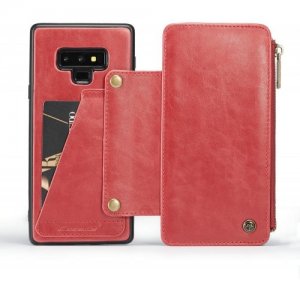 CaseMe Dachable 2 in 1 Business Zipper Leather Wallet Cover for Samsung Note 9 - RED