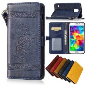 for Samsung Galaxy S5 Case Cover Embossed Oil Wax Lines Phone Case Cover PU Leather Wallet Style Case - BLUE