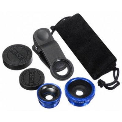 3 in 1 Mobile Phone Camera Lens Kit 180 Degree Fish Eye Lens + 2 in 1 Micro Lens + Wide Angle Lens Blue - BLUE