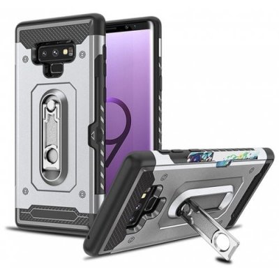 Wallet Card Holder Kickstand Hard Armor Cover Case for Samsung Galaxy Note 9 - SILVER